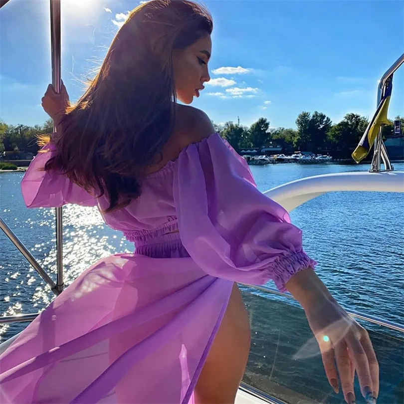 new Women's Clothing Set Off Shoulder Long Sleeve Tops and Cover Up Skirt Two-piece Suit for Travelling Beach Vacation