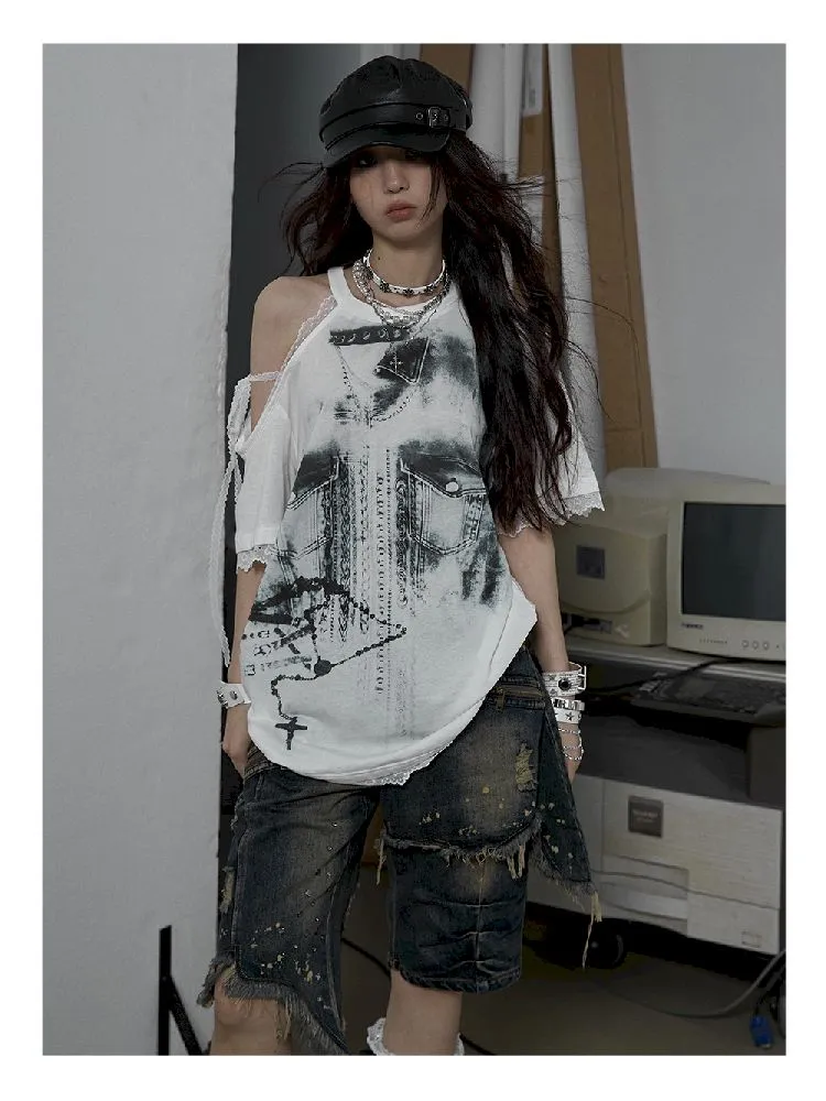 off-shoulder loose short-sleeved T-shirt