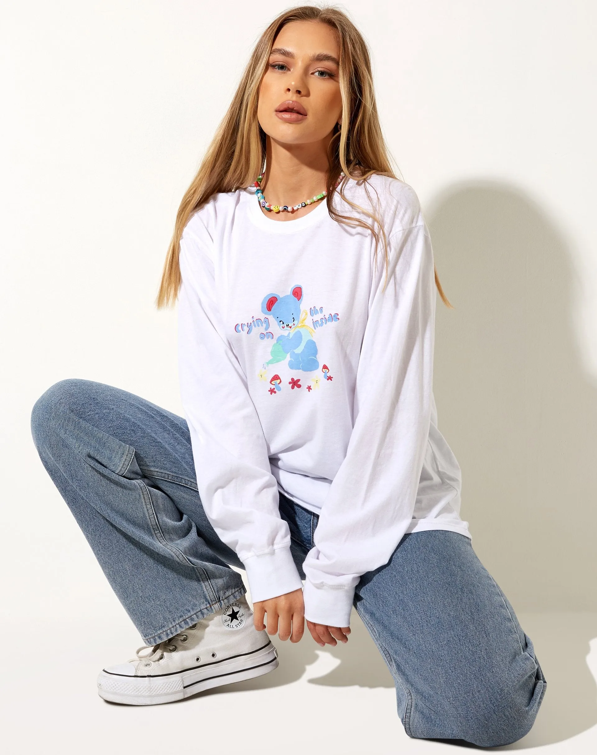 Olivia Long Sleeve Tee in White Crying On The Inside