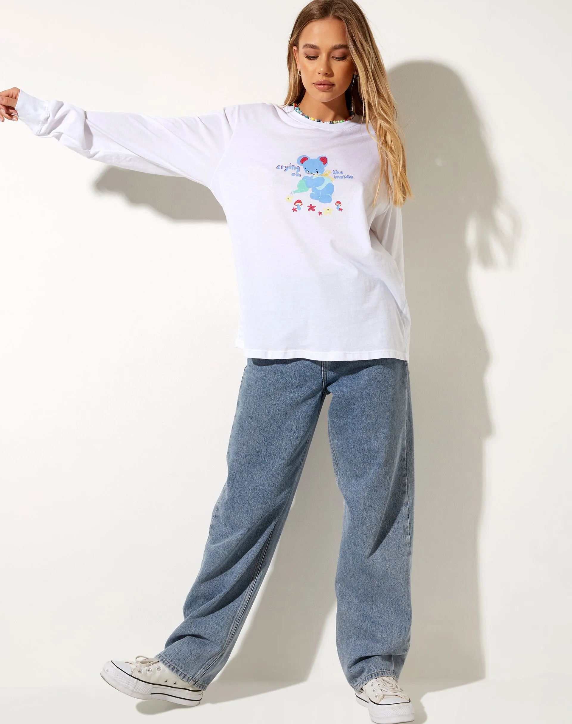 Olivia Long Sleeve Tee in White Crying On The Inside