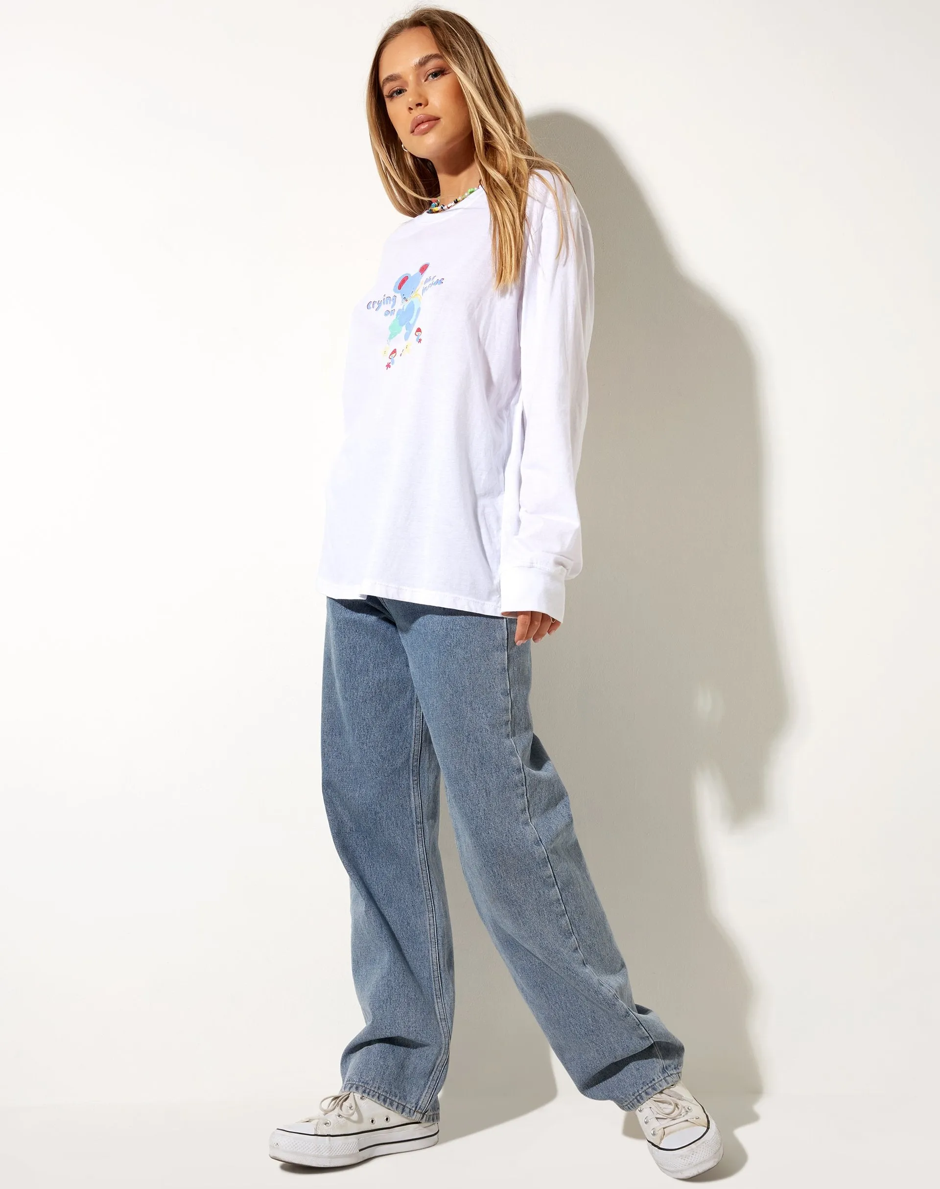 Olivia Long Sleeve Tee in White Crying On The Inside