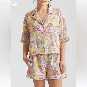 Papinelle NEW Ella Boxer PJ Set Sz XS Punk Yellow Floral Shorts Cotton