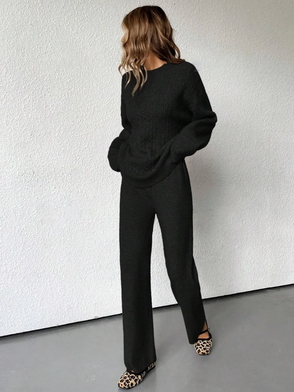 Parien Minimalist Commuting Style Round Neck Loose Knit Sweater And Straight-Cut Pant Set Oversized Sweater