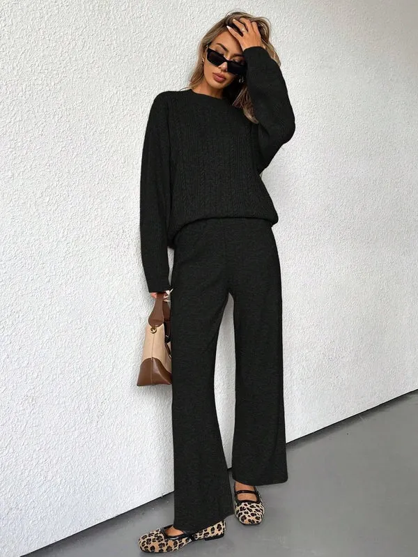 Parien Minimalist Commuting Style Round Neck Loose Knit Sweater And Straight-Cut Pant Set Oversized Sweater