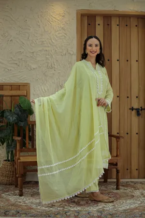 Pastel Green Muslin Embroidered Ready To Wear Kurta Set With Pant With Kota Dupatta