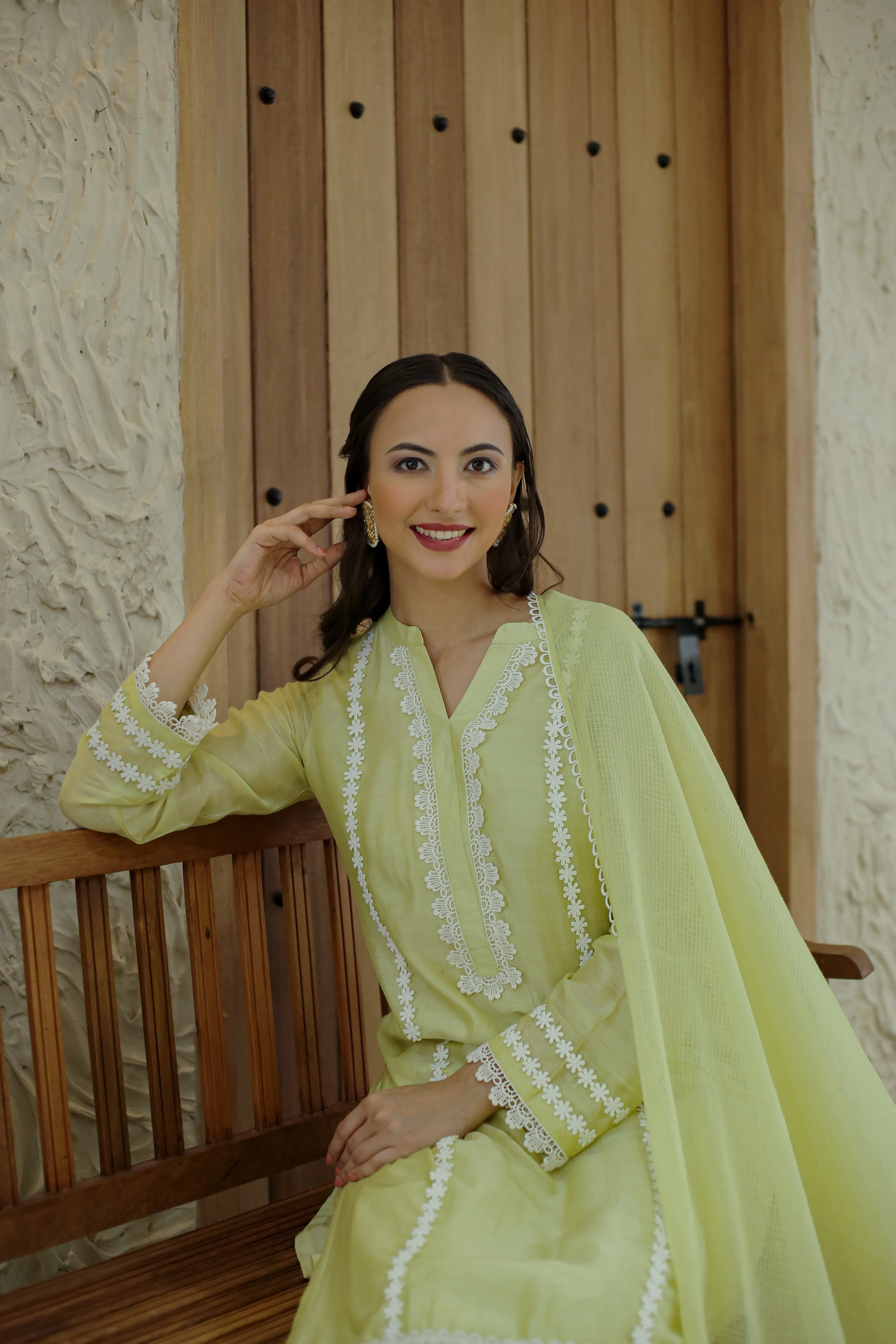 Pastel Green Muslin Embroidered Ready To Wear Kurta Set With Pant With Kota Dupatta