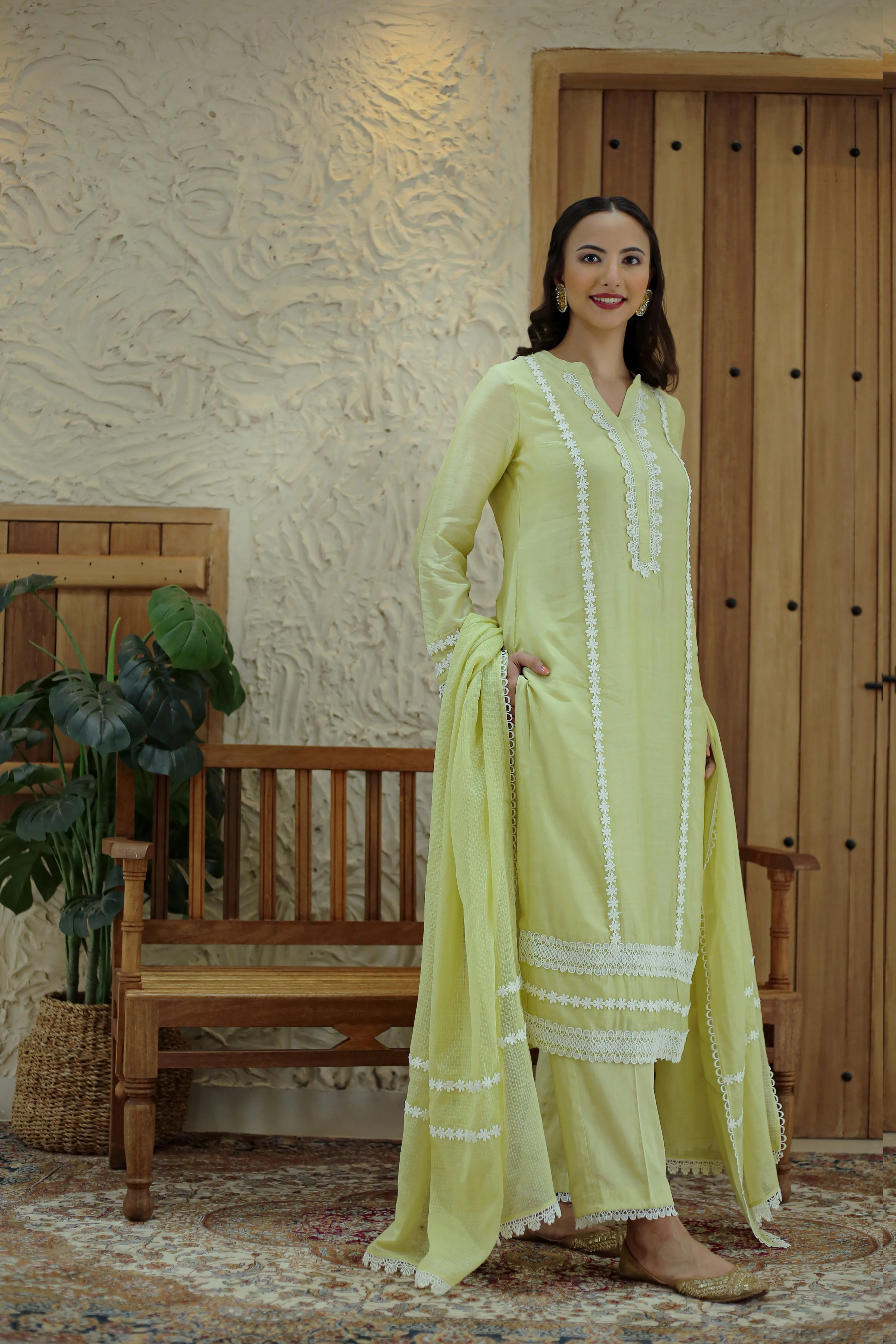 Pastel Green Muslin Embroidered Ready To Wear Kurta Set With Pant With Kota Dupatta