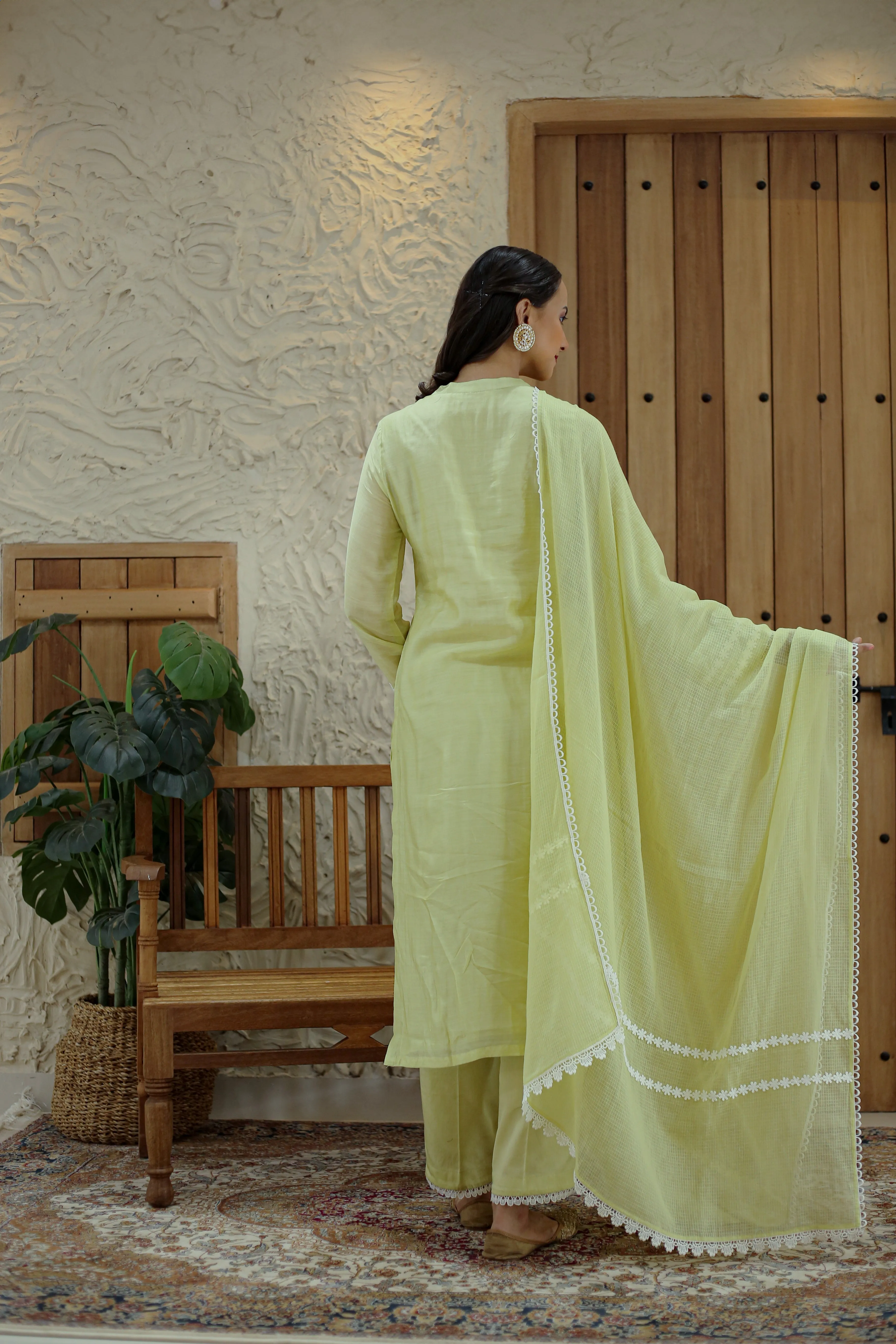 Pastel Green Muslin Embroidered Ready To Wear Kurta Set With Pant With Kota Dupatta