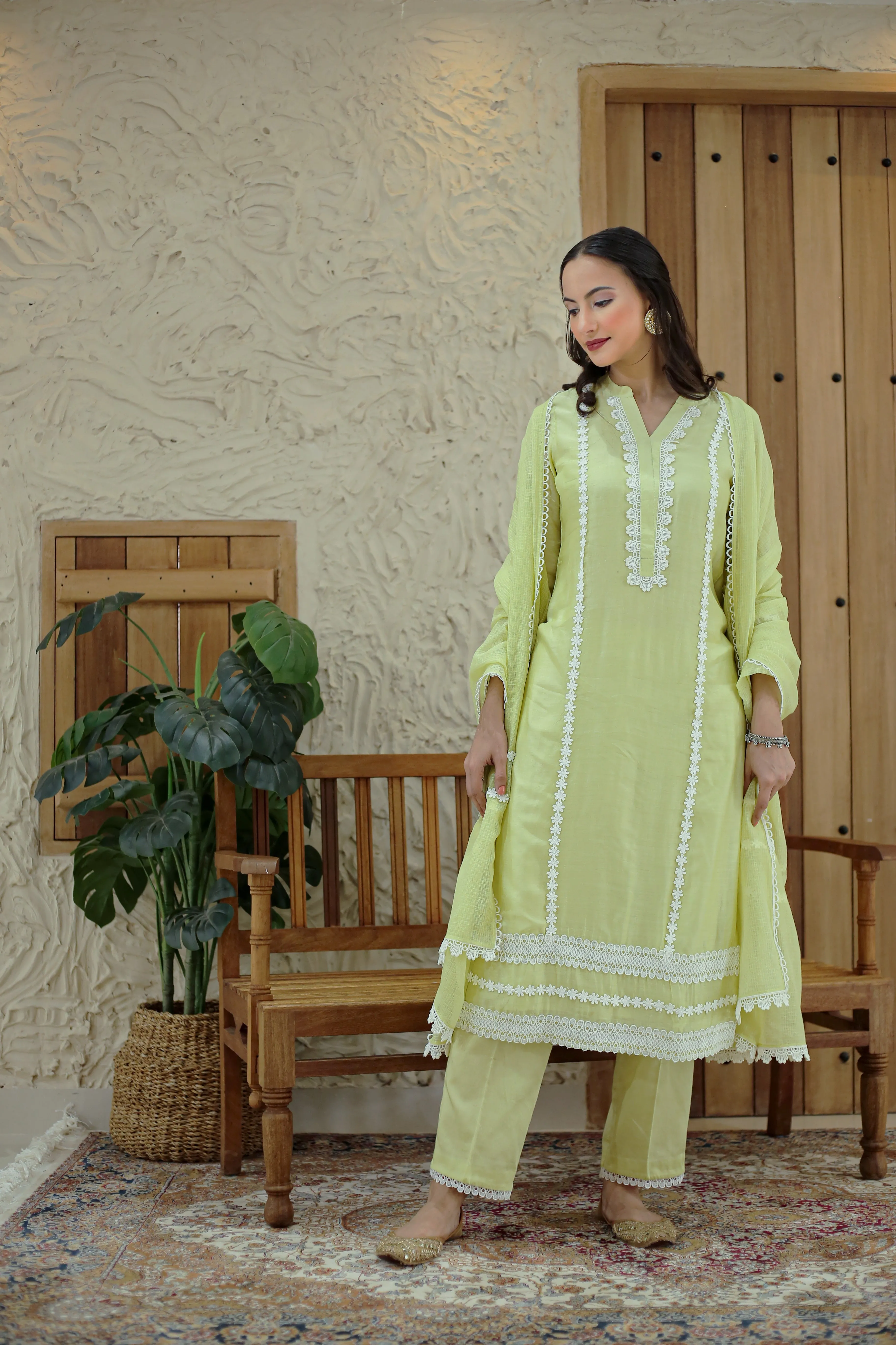 Pastel Green Muslin Embroidered Ready To Wear Kurta Set With Pant With Kota Dupatta