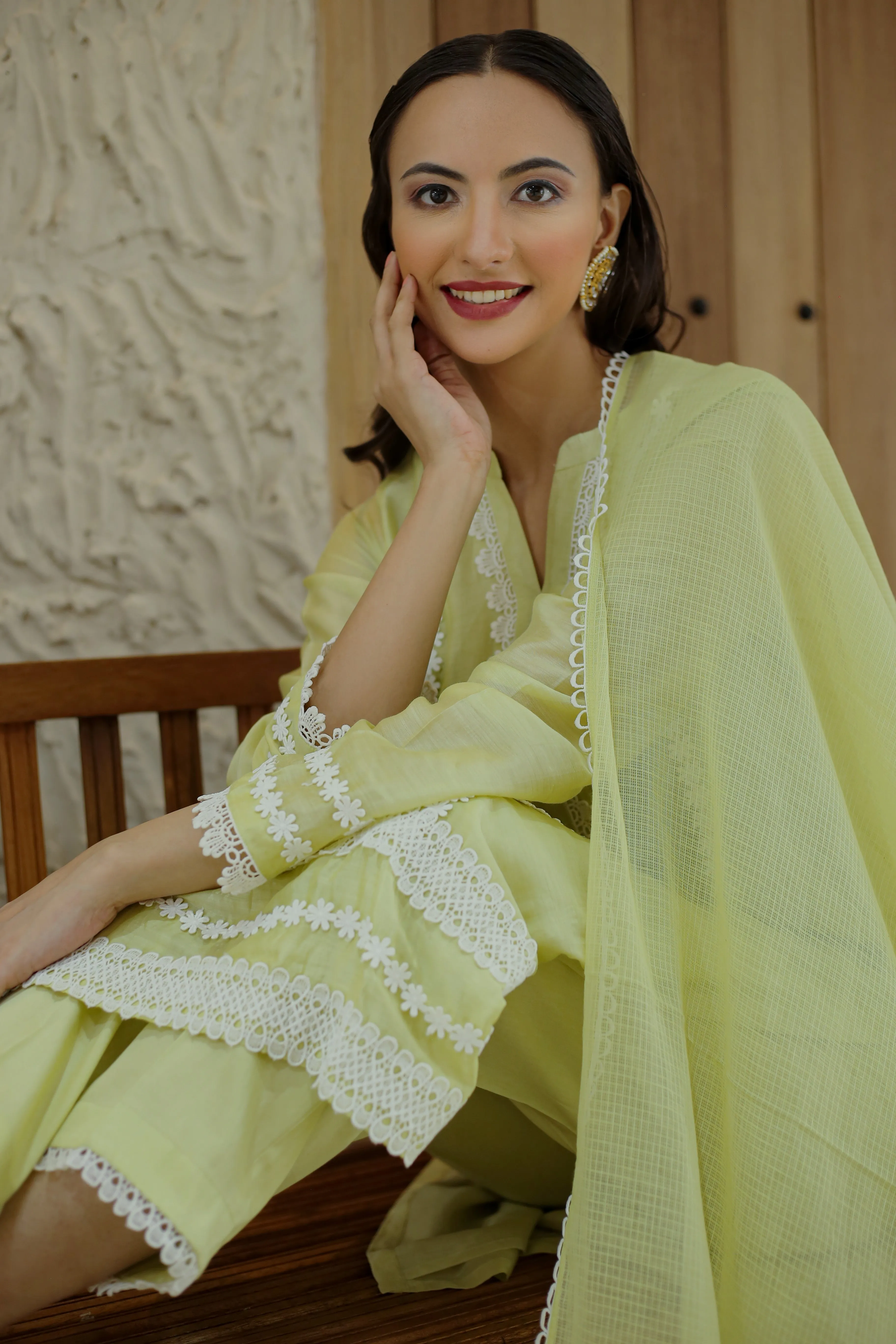 Pastel Green Muslin Embroidered Ready To Wear Kurta Set With Pant With Kota Dupatta