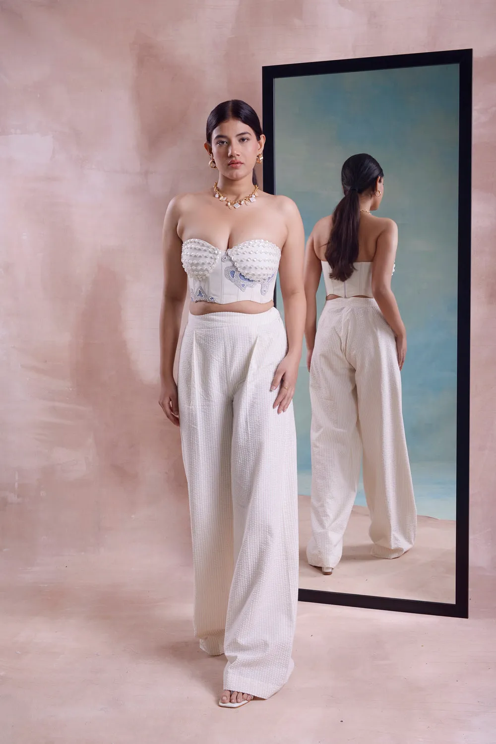 Patchwork Beaded Corset With Pleated Straight Pants