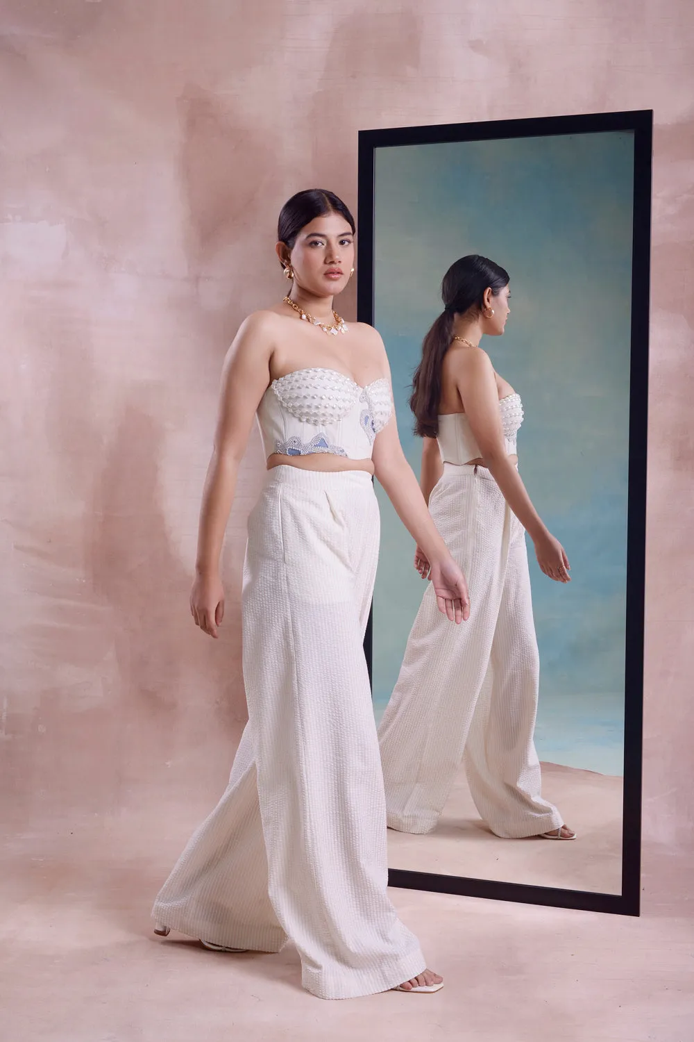 Patchwork Beaded Corset With Pleated Straight Pants