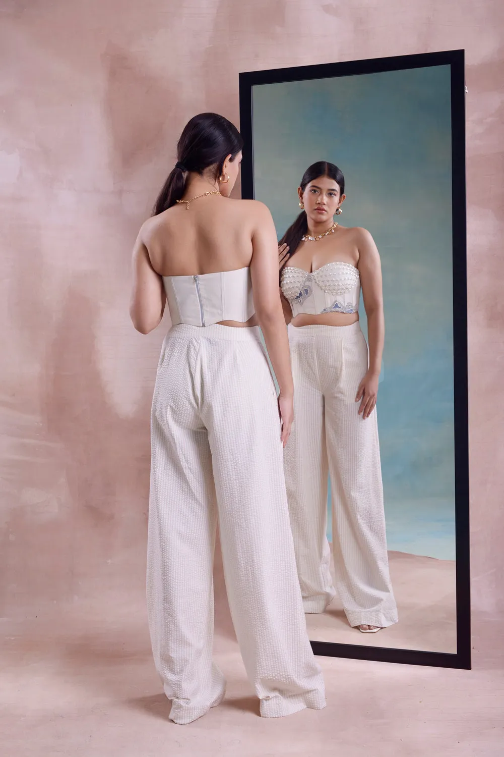 Patchwork Beaded Corset With Pleated Straight Pants