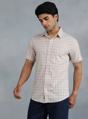 Peach Checked Slim Fit Casual Shirt | JadeBlue