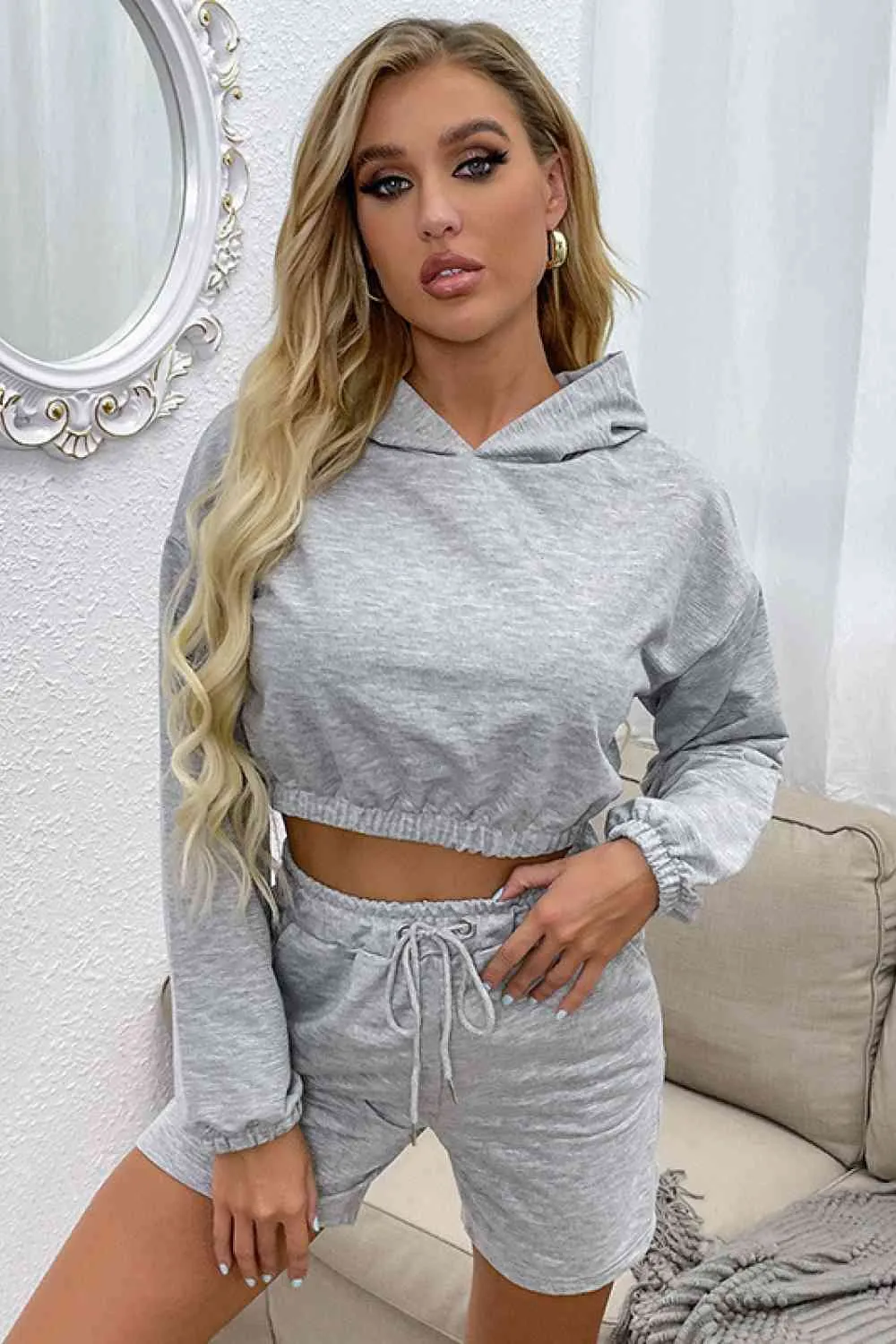 Perfee Crop Hoodie and Shorts Set