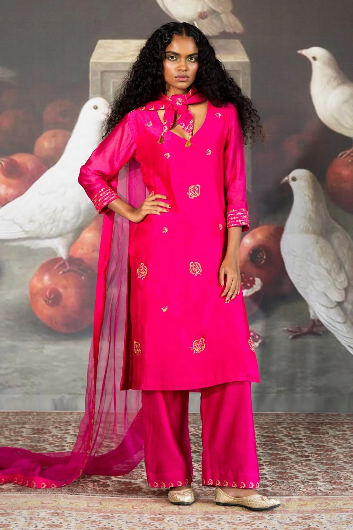 Pink Embroidered Chanderi Pants
