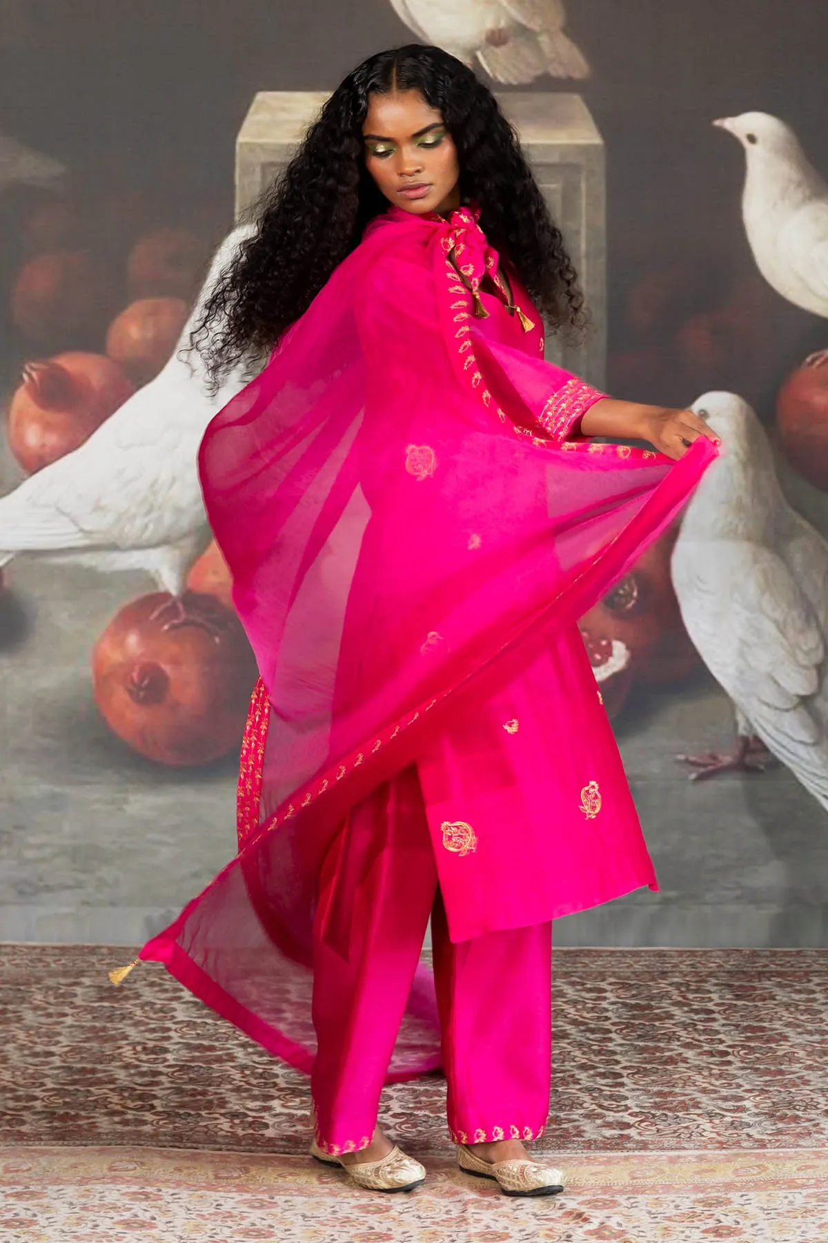 Pink Embroidered Chanderi Pants