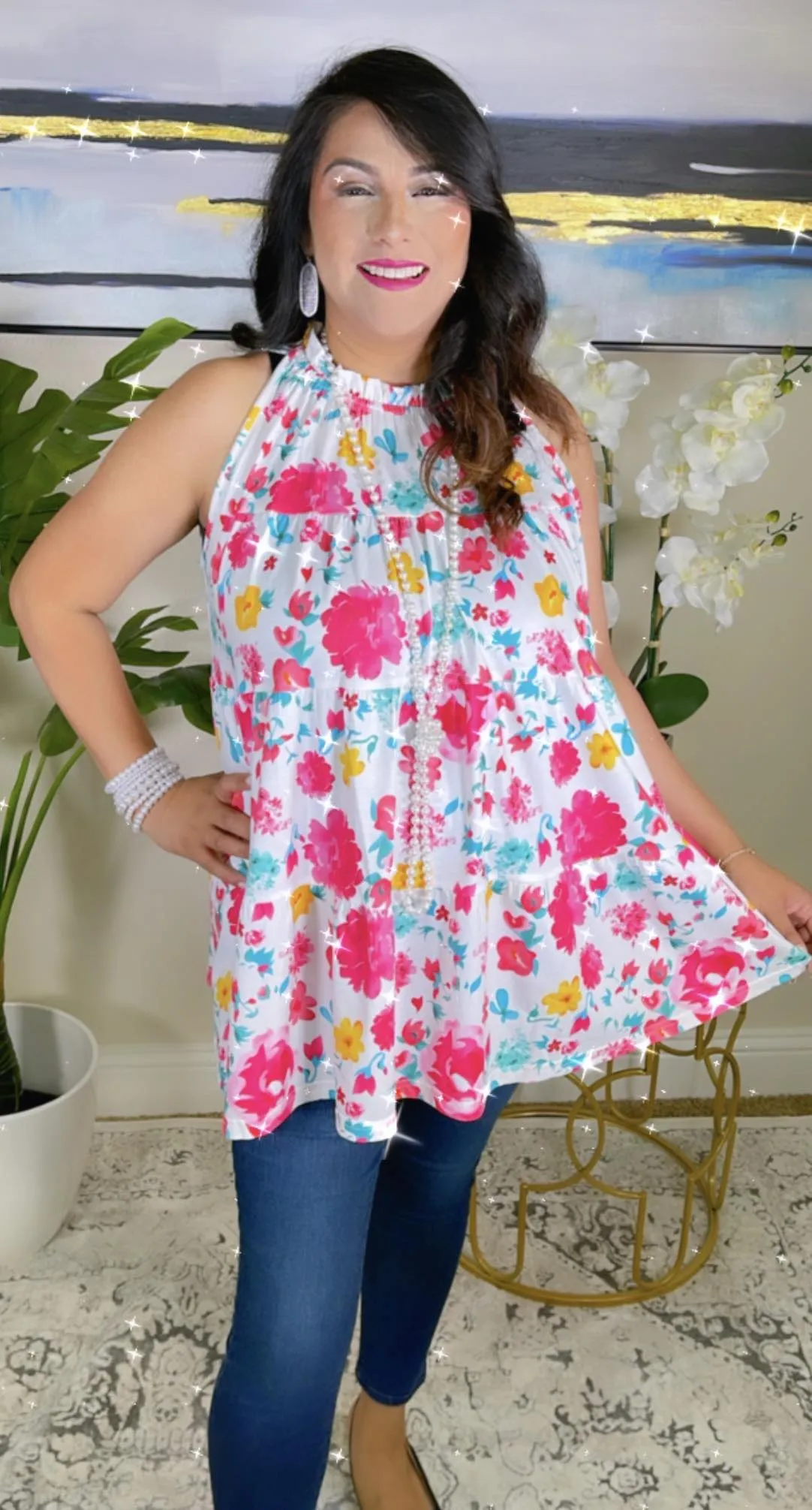 Pink Floral White Sleeveless baby doll top