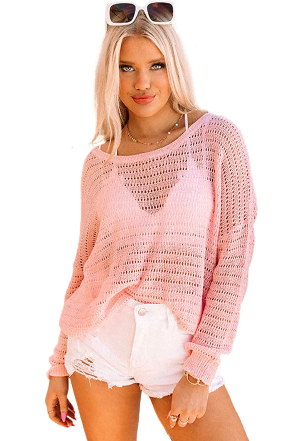 Pink Loose Fit Hollow Out Knitted Long Sleeve Top