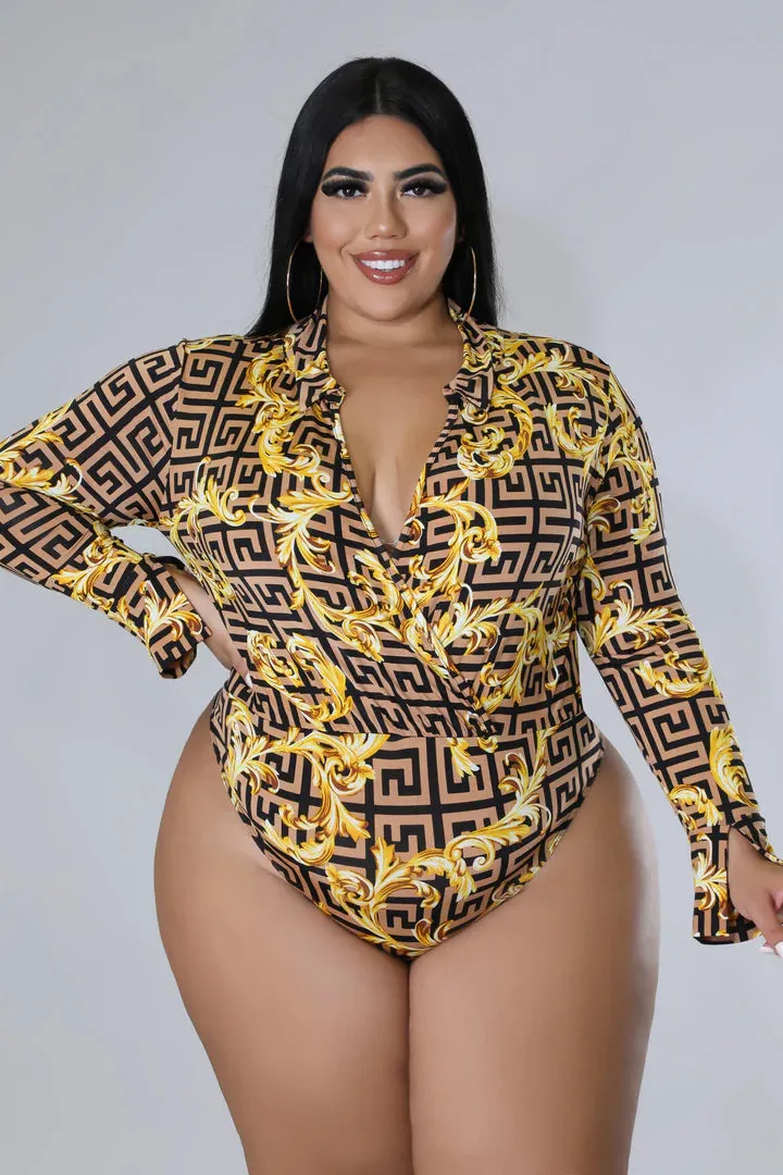Plus   Curve Long Sleeve Surplice Neck Bodysuit Leggings Gold Pant Set