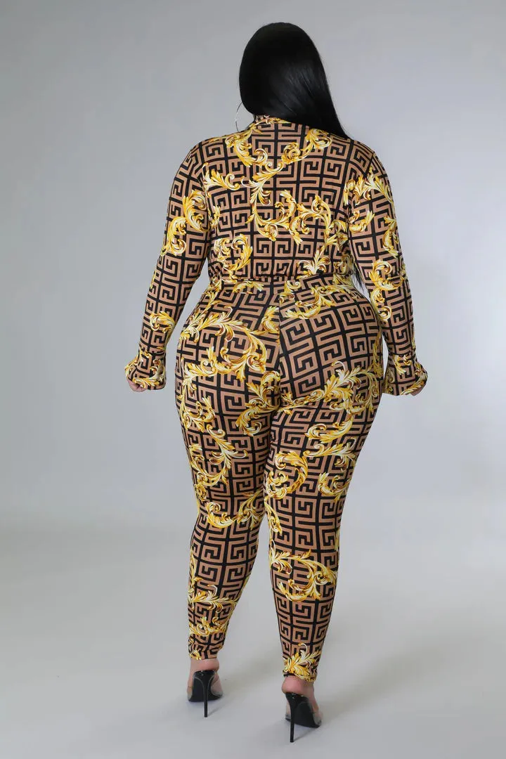 Plus   Curve Long Sleeve Surplice Neck Bodysuit Leggings Gold Pant Set