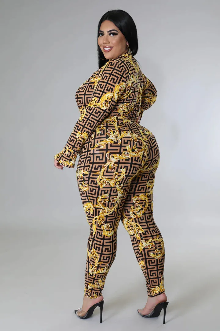 Plus   Curve Long Sleeve Surplice Neck Bodysuit Leggings Gold Pant Set