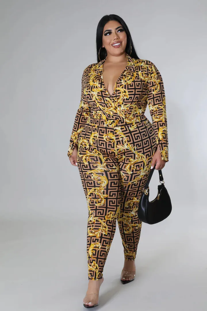 Plus   Curve Long Sleeve Surplice Neck Bodysuit Leggings Gold Pant Set