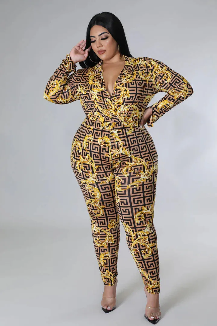 Plus   Curve Long Sleeve Surplice Neck Bodysuit Leggings Gold Pant Set