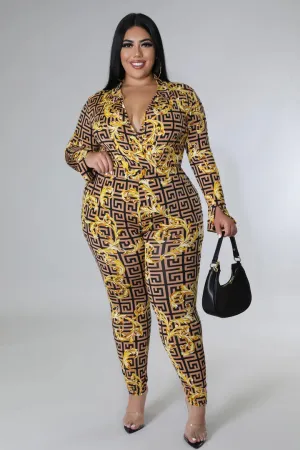 Plus   Curve Long Sleeve Surplice Neck Bodysuit Leggings Gold Pant Set