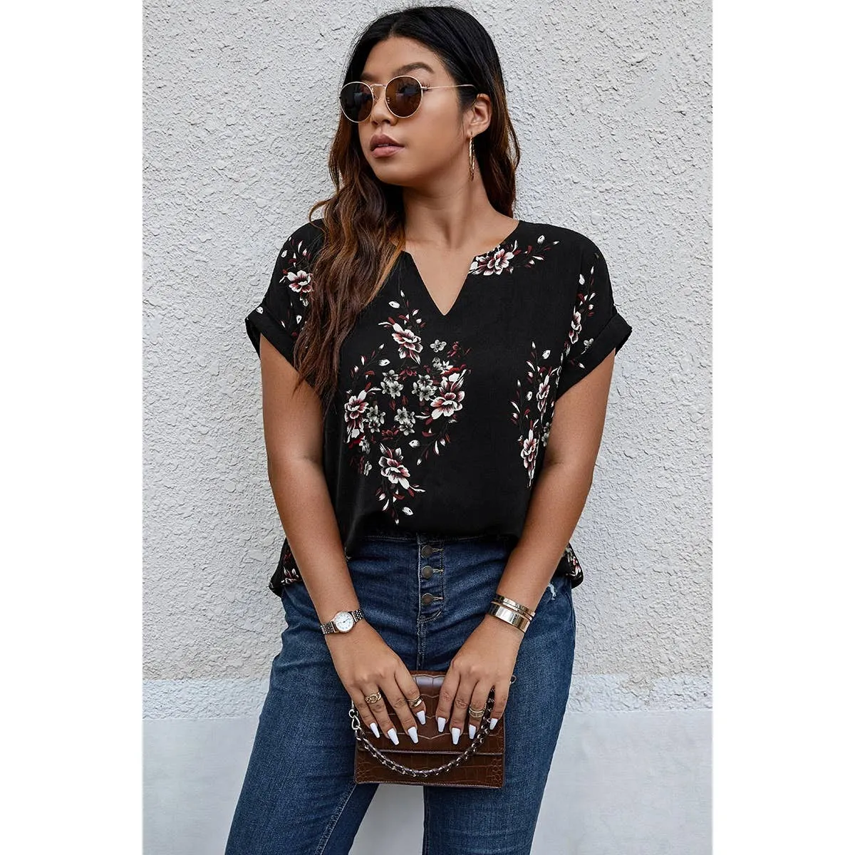 Plus Size Floral Print V Neck Loose Blouse