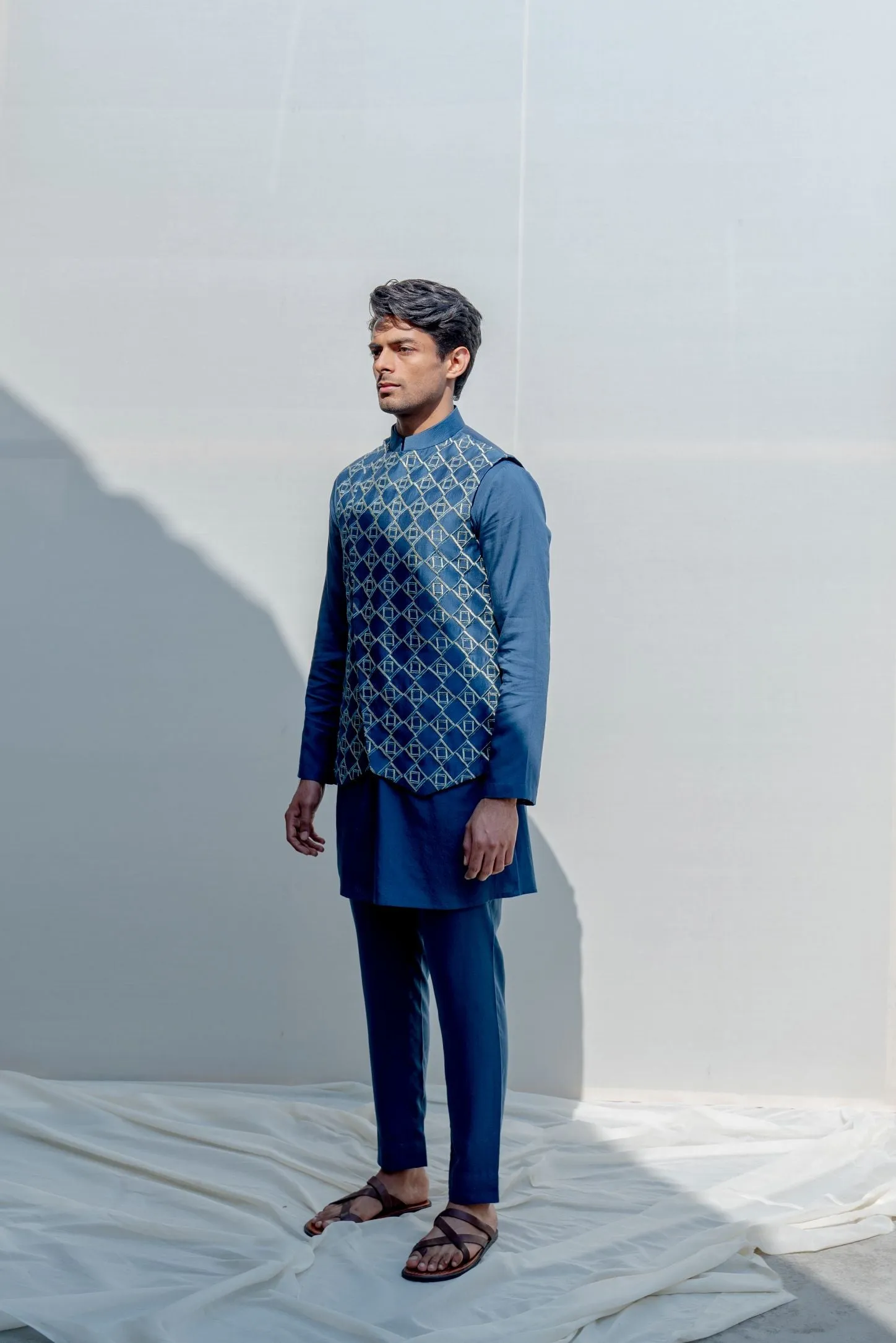 Prisem- Turquoise Blue Overlapped Embroidered Jacket with Kurta Set