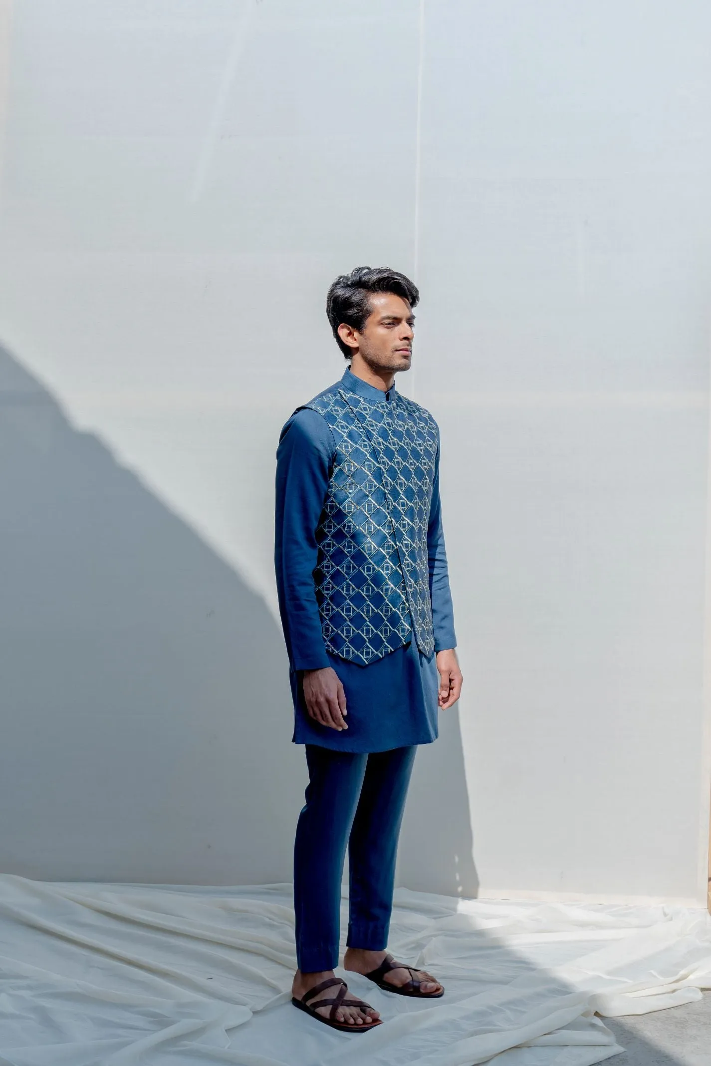 Prisem- Turquoise Blue Overlapped Embroidered Jacket with Kurta Set