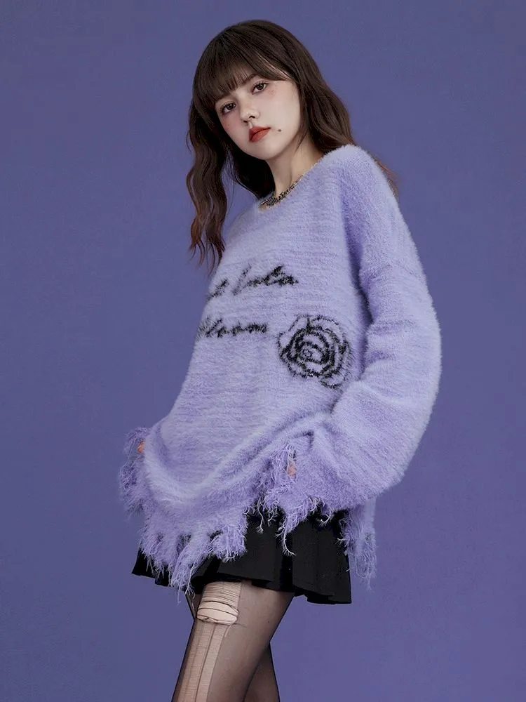 purple imitation mink fringe loose sweater