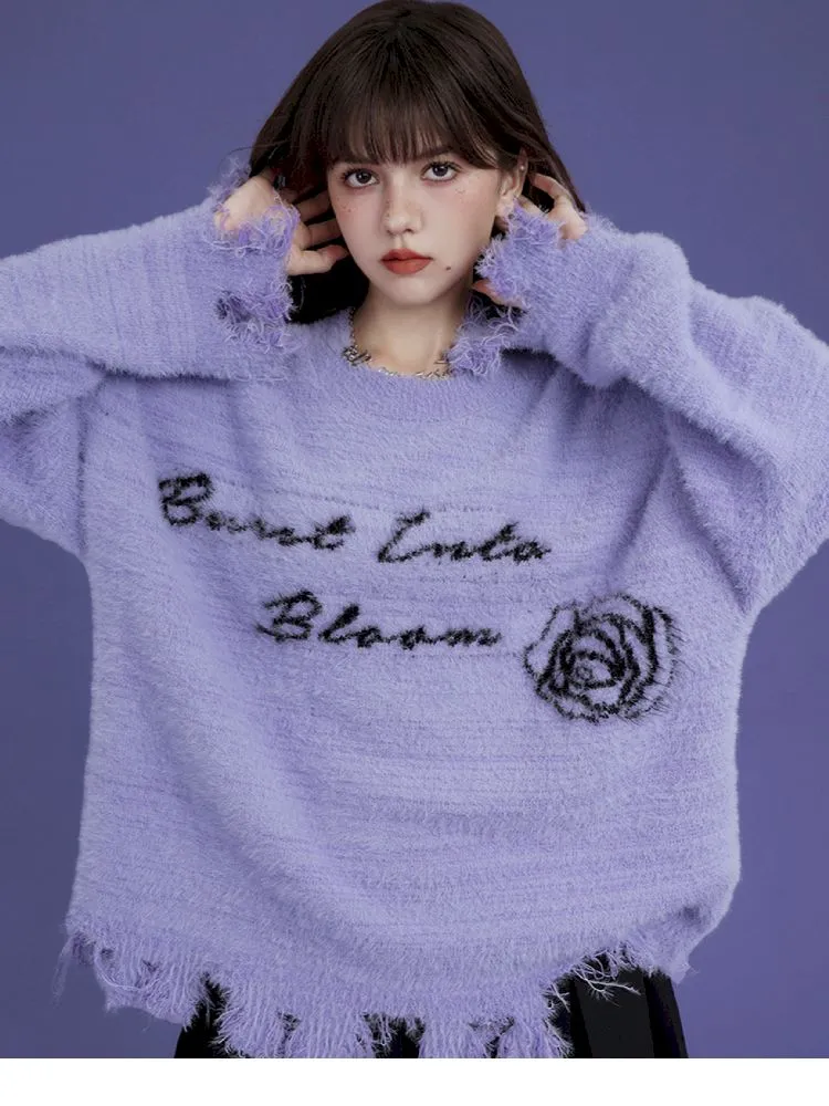 purple imitation mink fringe loose sweater