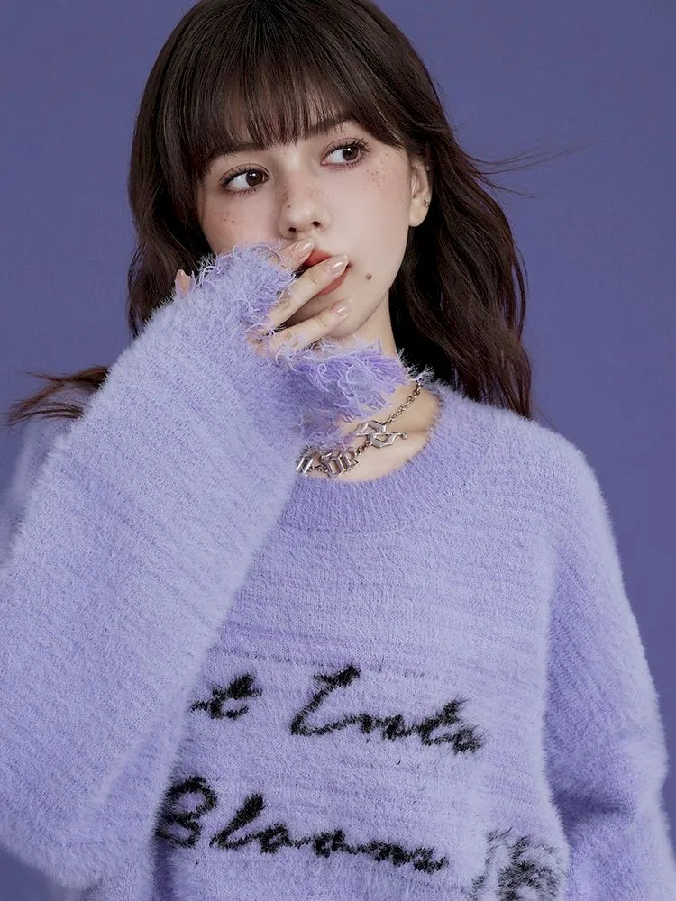 purple imitation mink fringe loose sweater