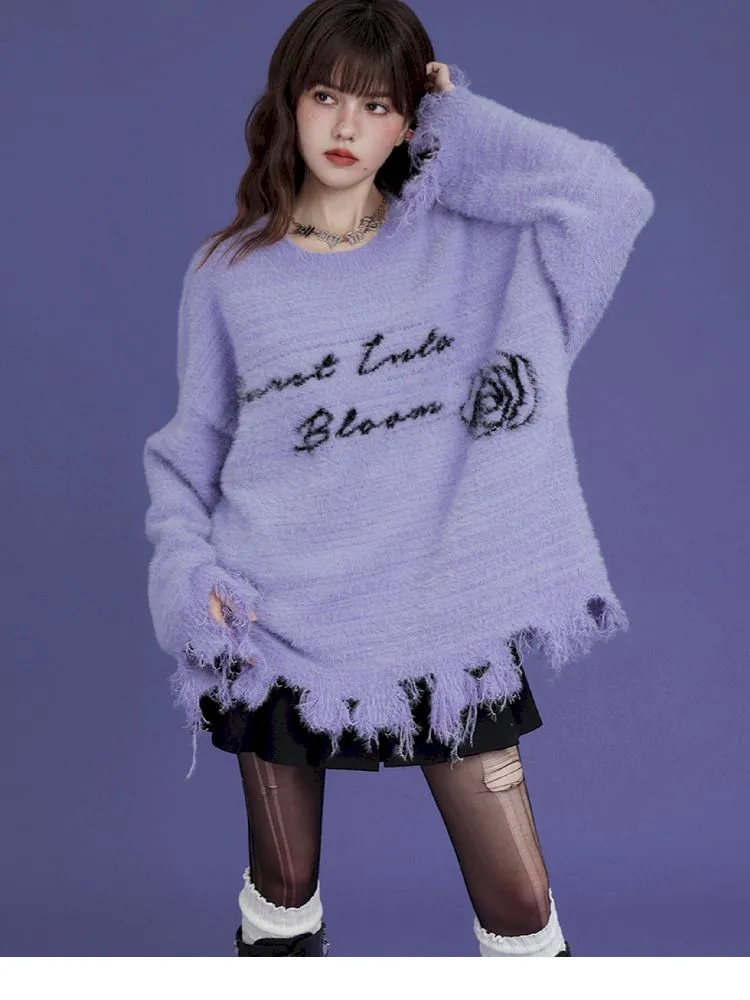 purple imitation mink fringe loose sweater