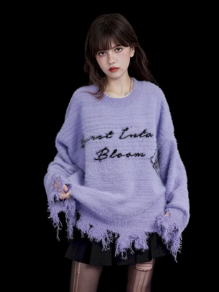 purple imitation mink fringe loose sweater