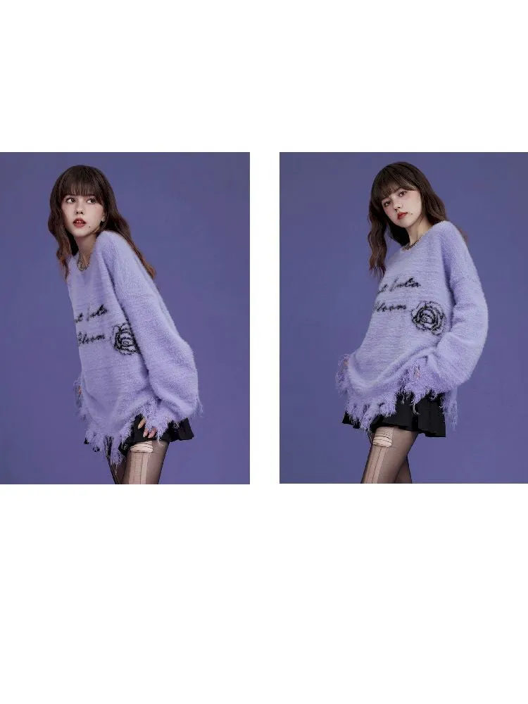 purple imitation mink fringe loose sweater