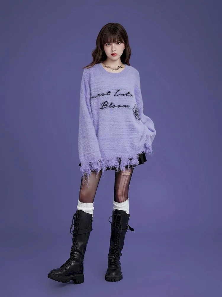 purple imitation mink fringe loose sweater