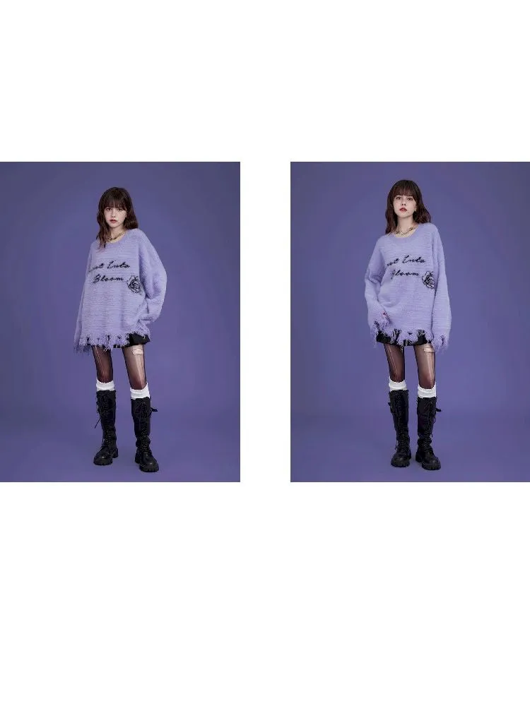 purple imitation mink fringe loose sweater