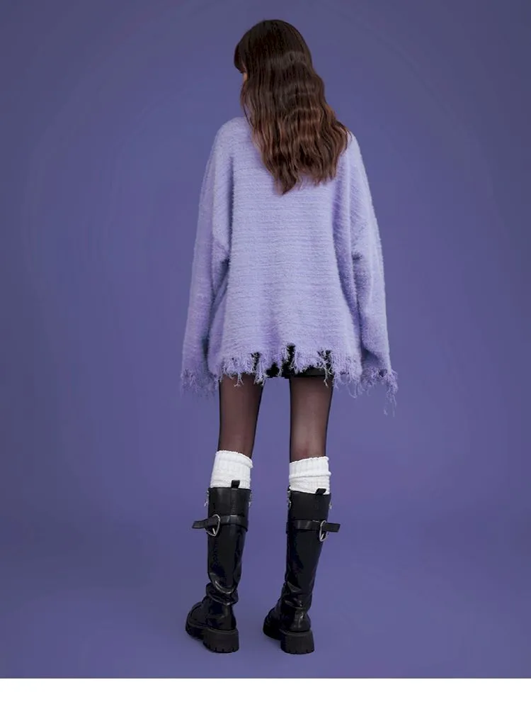 purple imitation mink fringe loose sweater