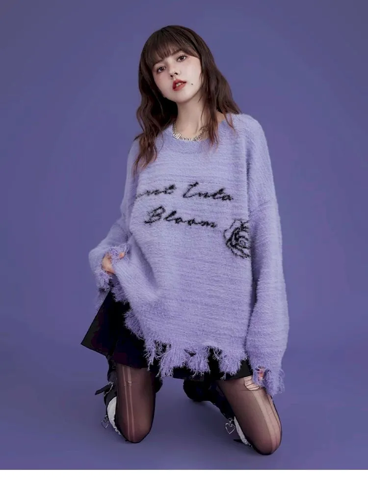 purple imitation mink fringe loose sweater