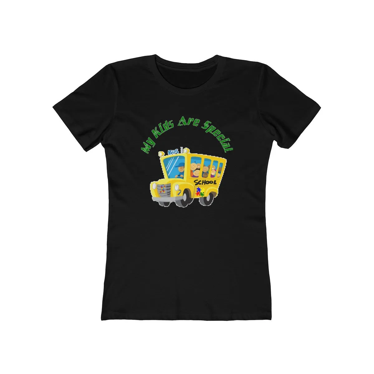 "Schoolbus Special Kids" Green Letters Women's The Boyfriend Tee