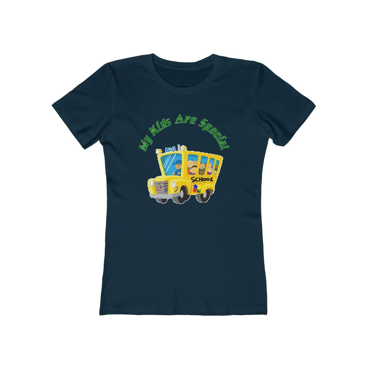 "Schoolbus Special Kids" Green Letters Women's The Boyfriend Tee