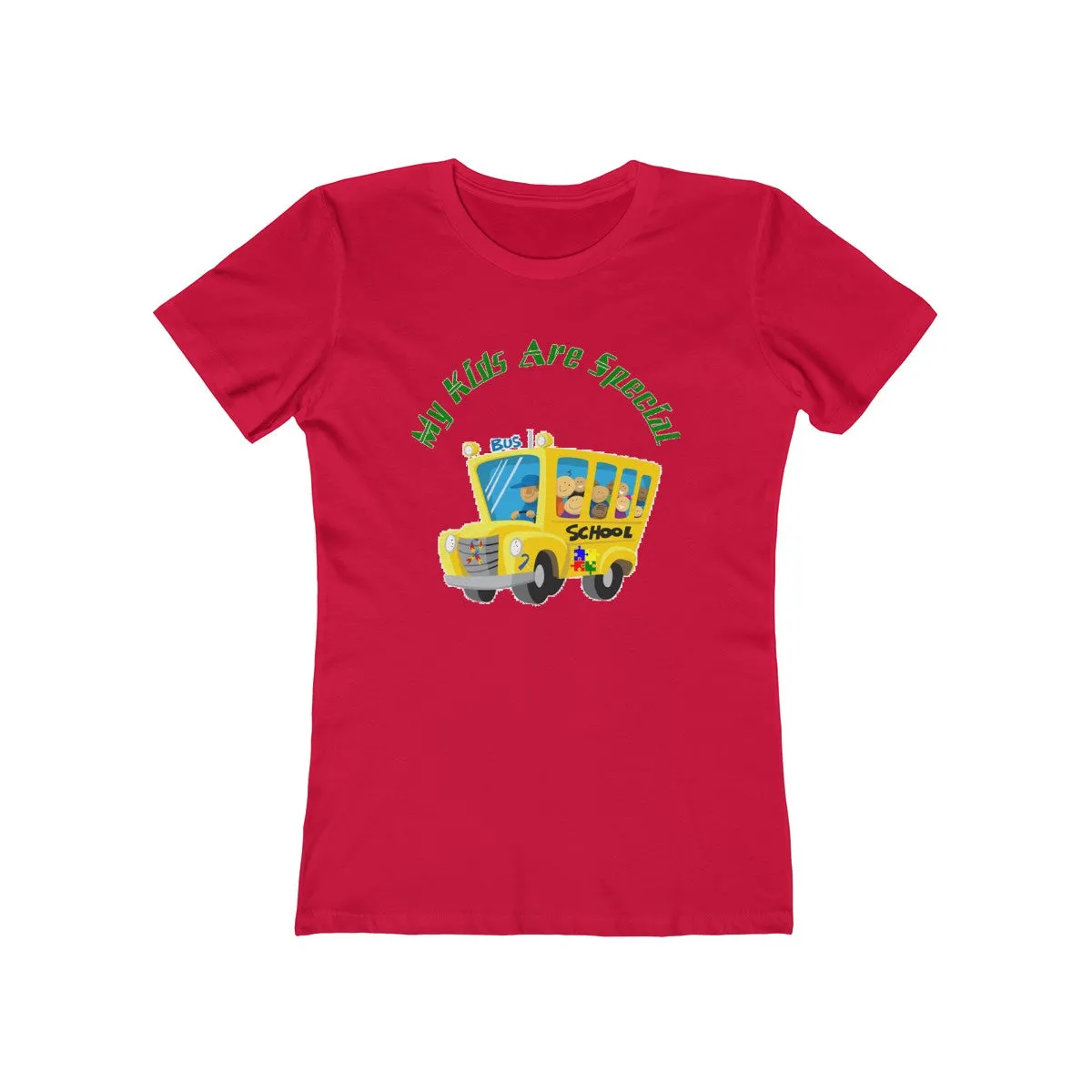 "Schoolbus Special Kids" Green Letters Women's The Boyfriend Tee