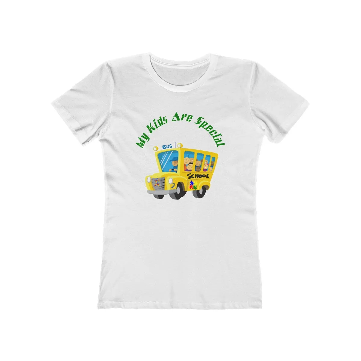 "Schoolbus Special Kids" Green Letters Women's The Boyfriend Tee