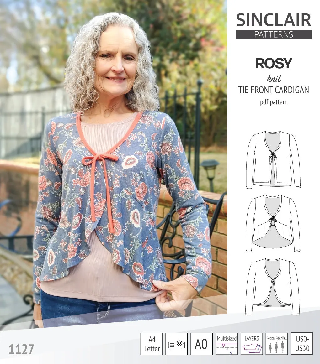 Rosy tie front cardigan with options (PDF)
