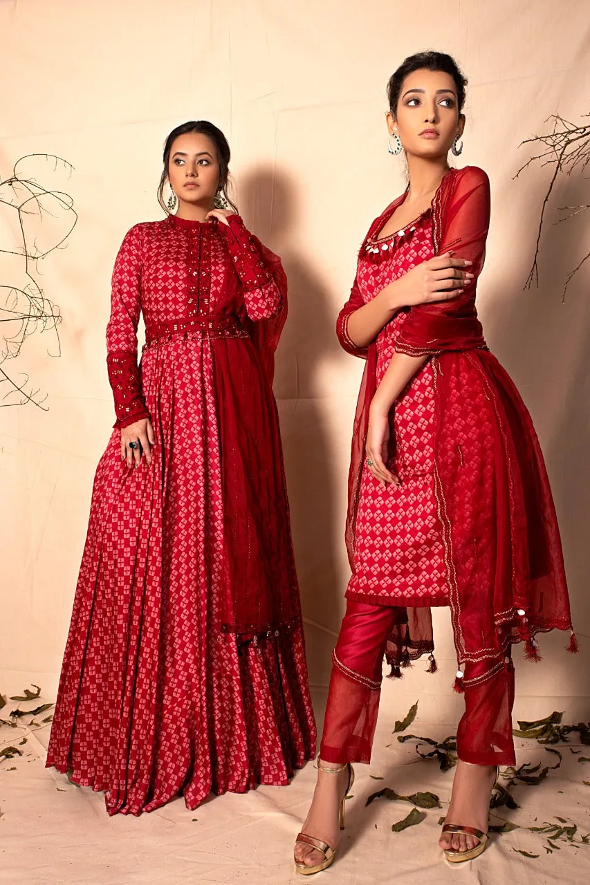 Ruby Red printed Strap suit with Pants and Embroidered Dupatta set