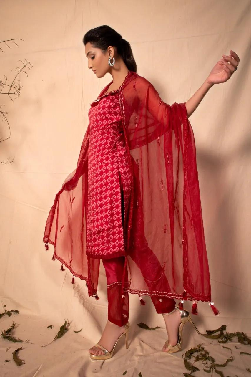 Ruby Red printed Strap suit with Pants and Embroidered Dupatta set