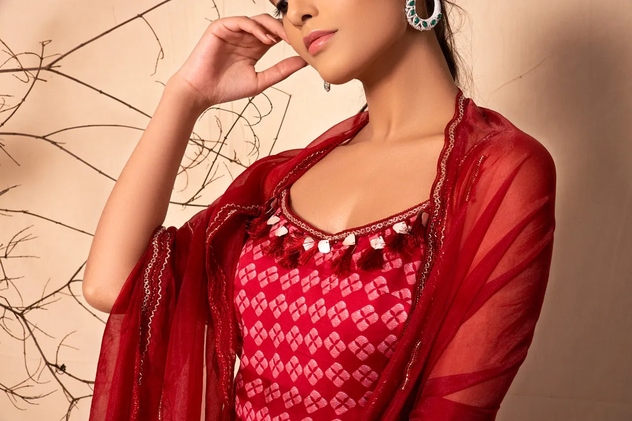 Ruby Red printed Strap suit with Pants and Embroidered Dupatta set